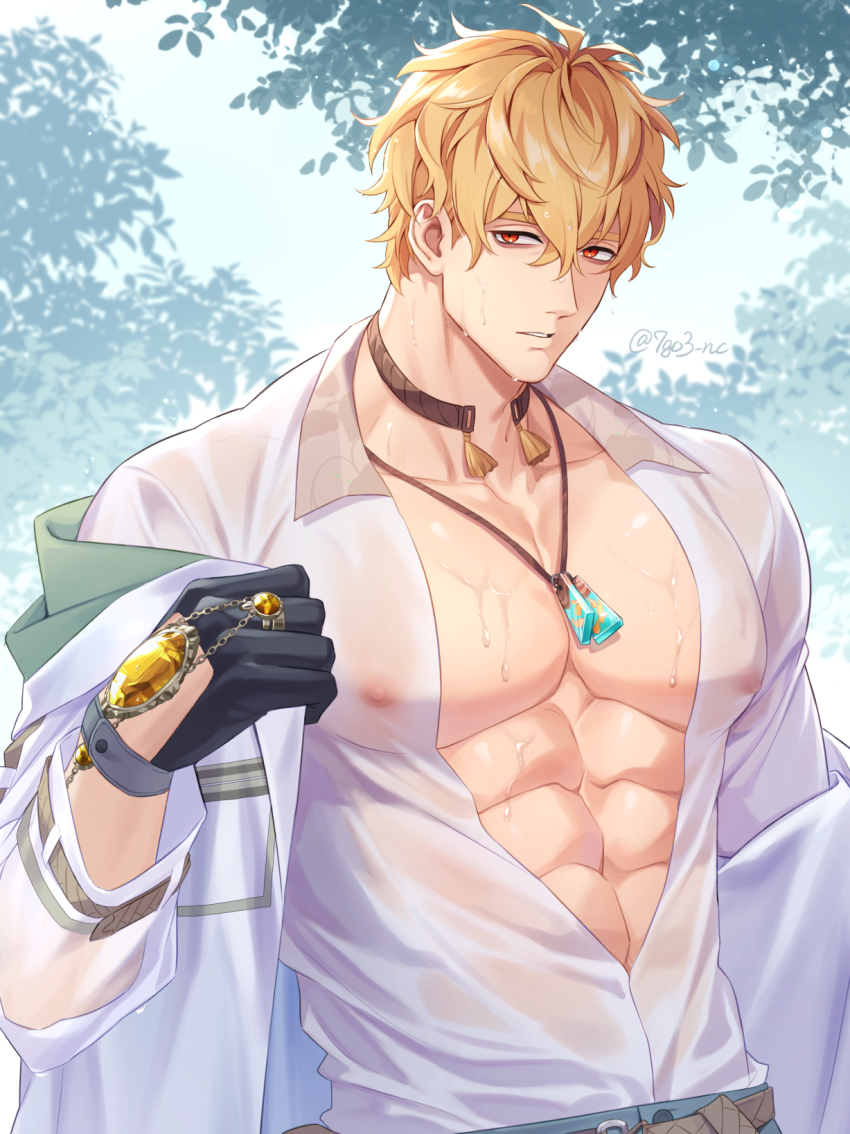1boy, 7go3_nc, abs, bags_under_eyes, black_gloves, blonde_hair, brown_choker, choker