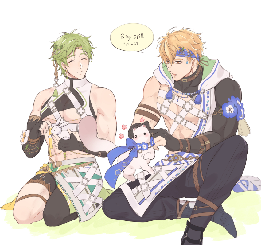 2boys, 7go3_nc, abs, bags_under_eyes, bare_shoulders, black_gloves, blonde_hair, blue_flower