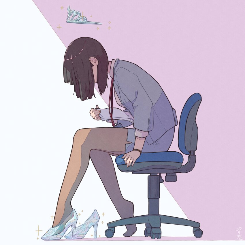 1girl, absurdres, black_hair, bob_cut, bracelet, breasts, brown_pantyhose, chair