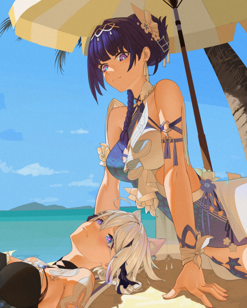 2girls, absurdres, arm_strap, bare_shoulders, beach_umbrella, black_hair, blue_sky, breasts