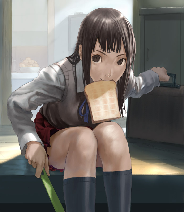 1girl, bag, bread, bread_slice, brown_eyes, brown_hair, female_focus, food