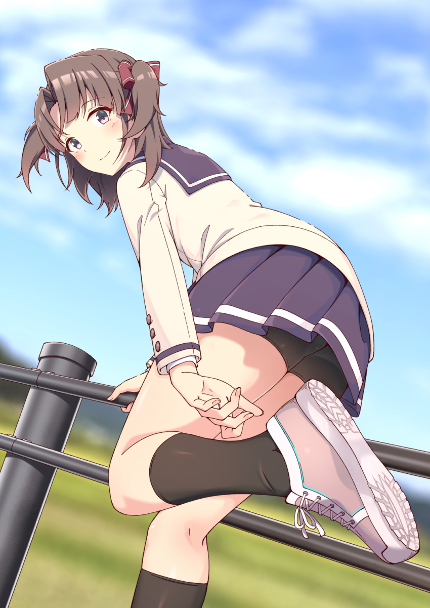 1girl, bike_shorts, bike_shorts_under_skirt, black_socks, blurry, blurry_background, bow, brown_hair, character_request, check_character, etou_kanami, fingernails, grey_eyes, hair_bow, hand_on_railing, highres, leg_up, light_smile, looking_back, medium_hair, motsutoko, multiple_hair_bows, outdoors, parted_bangs, pink_shoes, railing, renpu_girls_school_uniform, school_uniform, serafuku, shoes, socks, solo, toji_no_miko