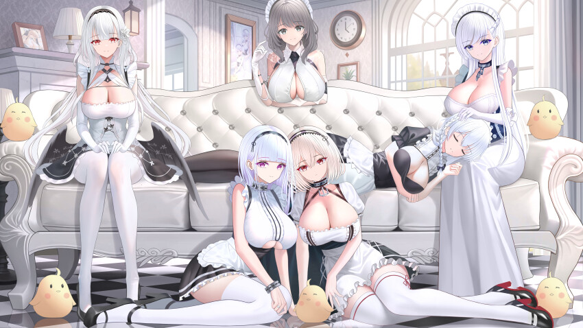 6+girls, absurdres, anchor_choker, apron, azur_lane, bare_shoulders, belfast_(azur_lane), black_footwear
