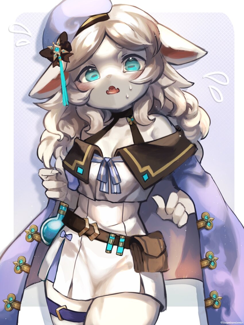 1girl, absurdres, animal_ears, belt, black_bow, blue_eyes, blush, border, bow, cape, dragon_village_(series), dragon_village_m, dress, fangs, female_focus, fewer_digits, flying_sweatdrops, furry, furry_female, hair_bow, halterneck, hat, highres, horizon, izayoiramiamia, looking_at_viewer, mokoji_(dragon_village_m), open_mouth, outside_border, potion, sheep_ears, sheep_girl, short_dress, solo, thigh_strap, utility_belt, white_border, white_hair