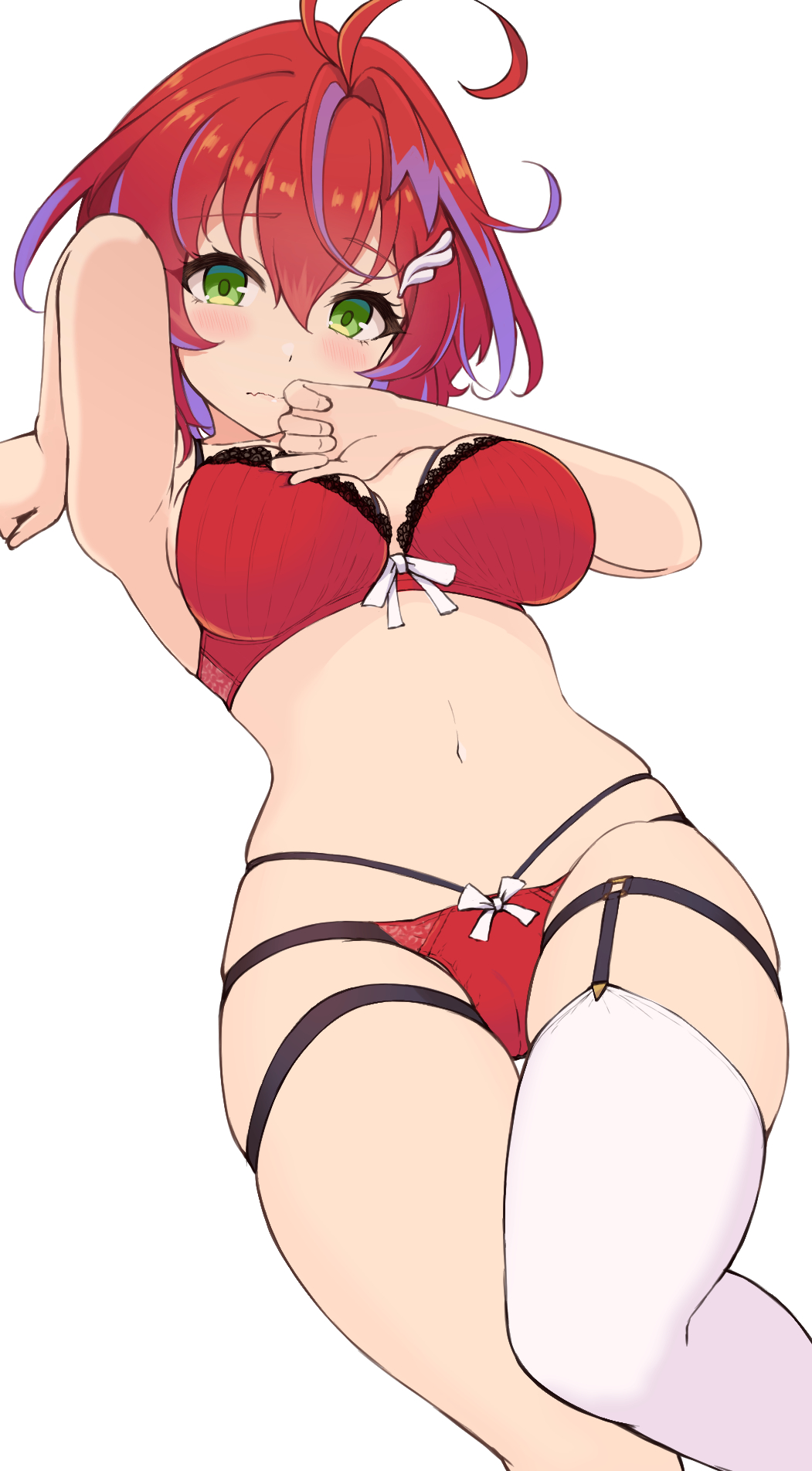 1girl, ahoge, akane_canna, asymmetrical_legwear, blush, bra, breasts, garter_straps, green_eyes, highres, looking_at_viewer, medium_breasts, medium_hair, nanashi_inc., panties, red_bra, red_panties, simple_background, temari_rin, thighs, underwear, virtual_youtuber