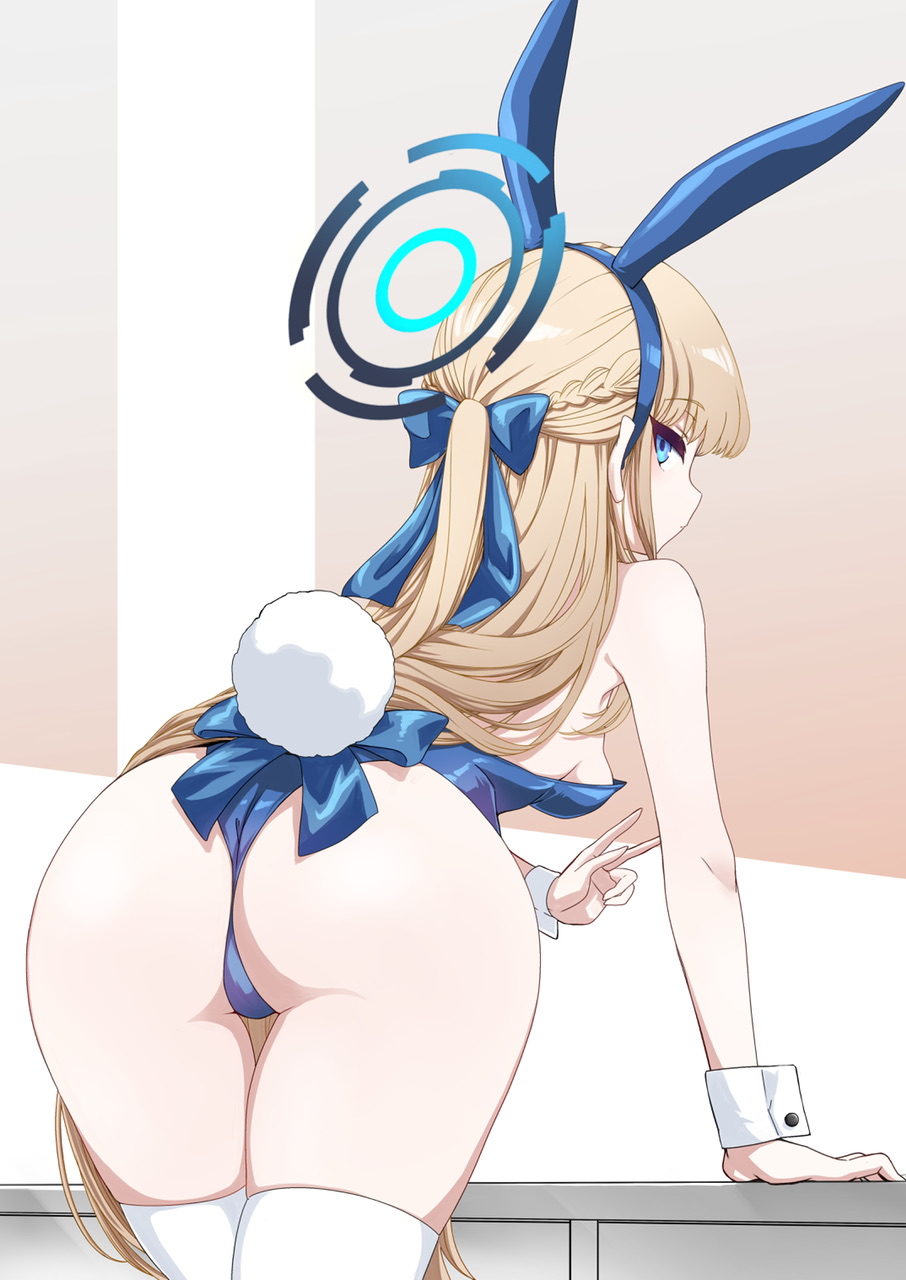 1girl, animal_ears, ass, blue_archive, bow, breasts, commentary_request, fake_animal_ears, fake_tail, gouta_(nagishiro6624), hair_bow, halo, highres, leaning_on_object, long_hair, looking_at_viewer, looking_back, playboy_bunny, ponytail, rabbit_ears, rabbit_tail, small_breasts, solo, tail, thighhighs, toki_(blue_archive), toki_(bunny)_(blue_archive), v, white_wrist_cuffs, wrist_cuffs