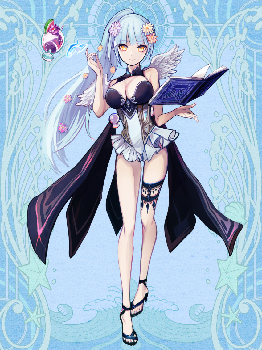 1girl, blue_background, blue_hair, book, breasts, cleavage, cup, dairoku_ryouhei, drink, drinking_straw, feathered_wings, flower, food, fruit, hair_flower, hair_ornament, highres, hoshino_(haruku), large_breasts, looking_at_viewer, mithria_librarian, open_book, ponytail, sandals, solo, standing, telekinesis, thigh_strap, watermelon, watermelon_slice, white_wings, wings, yellow_eyes