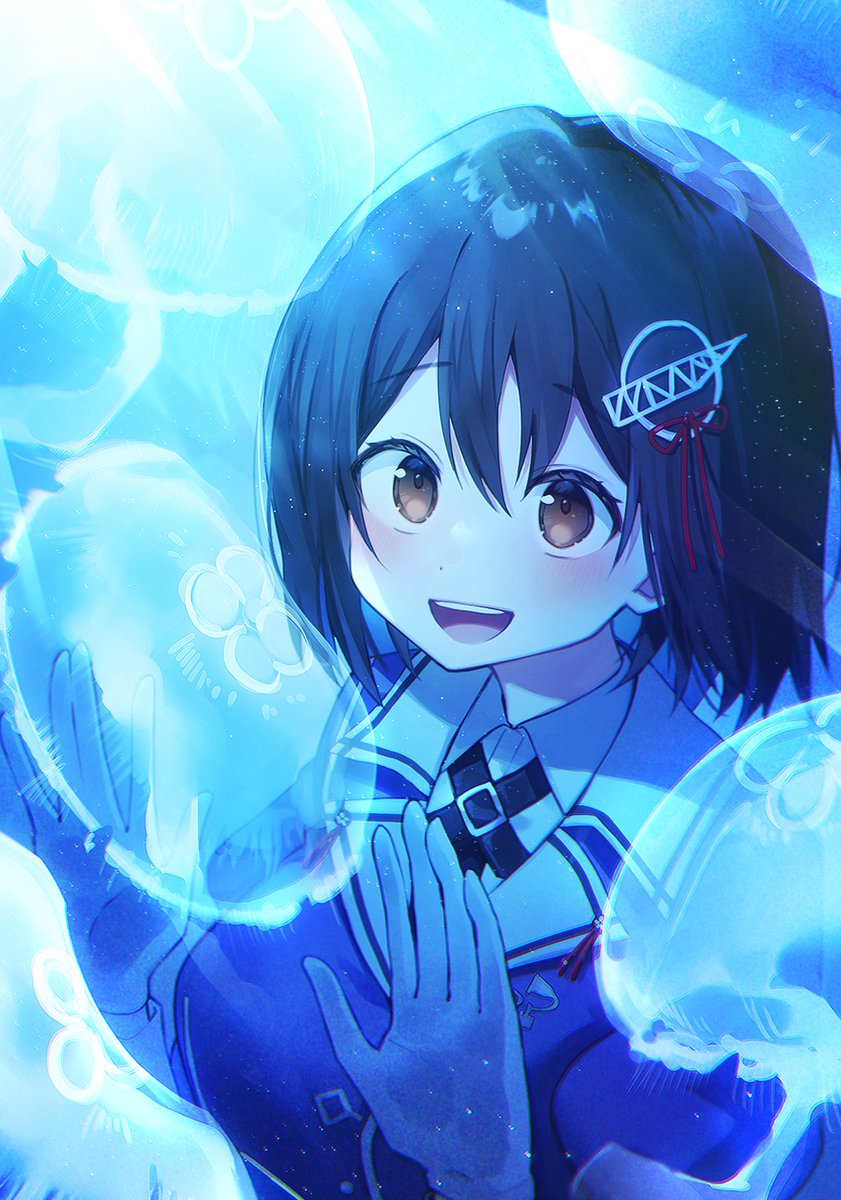 1girl, aquarium, black_hair, blush, breasts, brown_eyes, gloves, haguro_(kancolle)