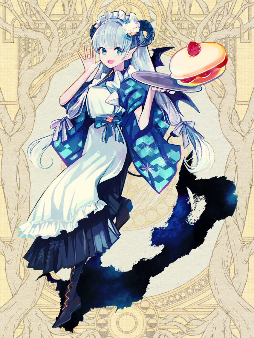 1girl, :d, apron, black_footwear, blue_eyes, bow, cross-laced_footwear, curled_horns