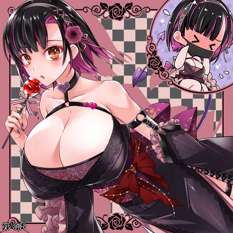 1girl, ashihara_(tw), black_dress, black_hair, black_hairband, blush, breasts, brown_eyes