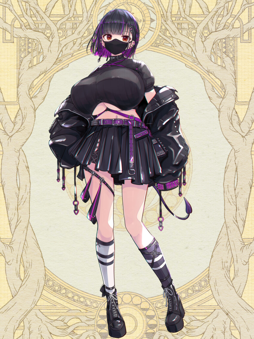 1girl, belt, black_footwear, black_hair, black_jacket, black_shirt, black_skirt, breasts, dairoku_ryouhei, demon_tail, hair_ornament, hairclip, high_heels, highres, hoi_(tw), huge_breasts, jacket, kneehighs, looking_at_viewer, mask, mouth_mask, multicolored_hair, navel, o-ring, platform_footwear, purple_hair, red_eyes, shidai_ayako, shirt, short_hair, short_sleeves, skirt, socks, solo, standing, streaked_hair, striped_clothes, striped_socks, tail, thigh_strap, yellow_background
