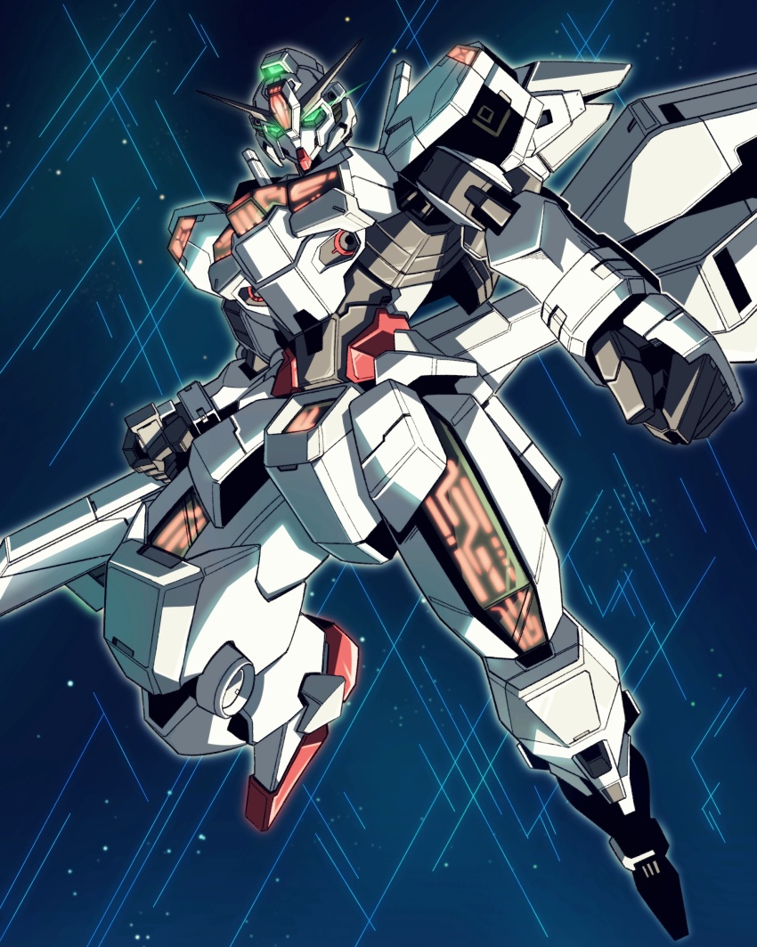absurdres, beam_cannon, commentary, english_commentary, glowing, glowing_eyes, green_eyes, gundam, gundam_calibarn, gundam_suisei_no_majo, highres, holding, holding_cannon, holding_weapon, j_s123, looking_at_viewer, mecha, mecha_focus, mobile_suit, no_humans, robot, science_fiction, solo, v-fin, weapon