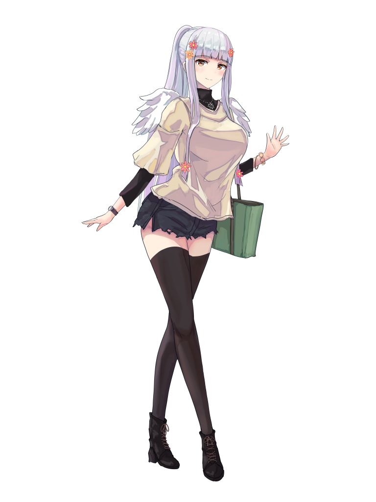 1girl, bag, black_footwear, black_shorts, black_thighhighs, blunt_bangs, dairoku_ryouhei, elbow_carry