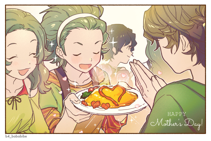 1boy, 4girls, apron, b4_bababibe, border, closed_eyes, english_text, food