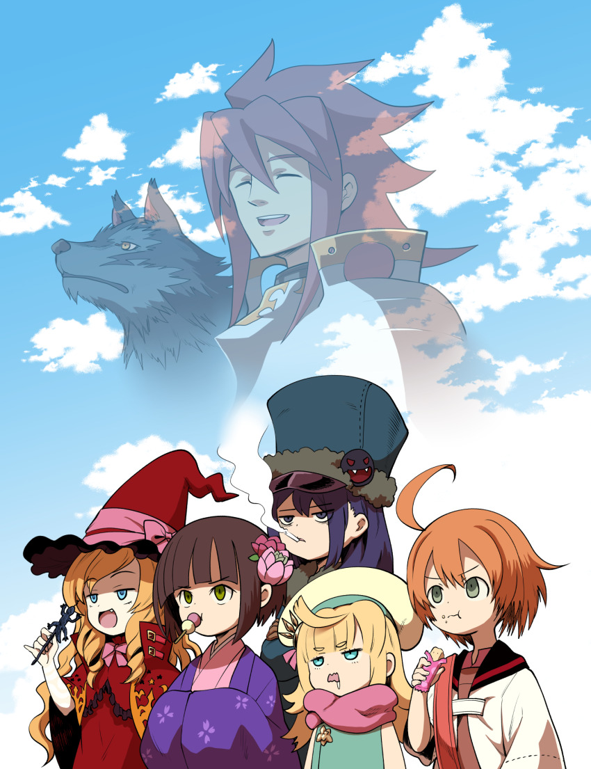 1boy, 5girls, :d, ahoge, alchemist_(sekaiju), alchemist_5_(sekaiju), bags_under_eyes, beret