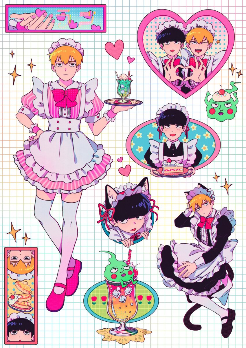 2boys, alternate_costume, animal_ears, apron, black_dress, black_footwear, black_hair, blonde_hair, cake, cake_slice, cat_boy, cat_ears, cat_tail, closed_mouth, cm_wm, commentary, crossdressing, crossdressing_(mtf), cup, dress, drinking_glass, ekubo_(mob_psycho_100), enmaided, food, food_on_head, frilled_apron, frilled_dress, frills, grid_background, heart, heart_hands, heart_hands_duo, highres, holding, holding_food, holding_tray, kageyama_shigeo, kemonomimi_mode, long_sleeves, looking_at_viewer, maid, maid_apron, maid_headdress, male_focus, male_maid, mob_psycho_100, multiple_boys, multiple_views, object_on_head, one_eye_closed, open_mouth, pink_dress, pink_nails, pink_shoes, puffy_short_sleeves, puffy_sleeves, reigen_arataka, shoes, short_hair, short_sleeves, simple_background, smile, spirit, standing, untranslatable_commentary, tail, thighhighs, tray, white_background, white_thighhighs