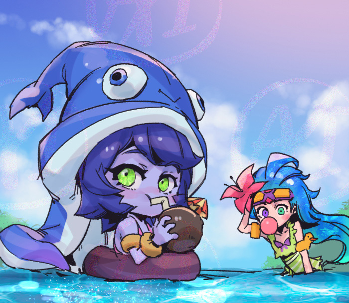 2girls, bare_shoulders, blue_hair, blue_headwear, cloud, collarbone, colored_skin, day, diving_mask, diving_mask_on_head, flower, goggles, goggles_on_head, green_eyes, green_one-piece_swimsuit, hair_flower, hair_ornament, heterochromia, inflatable_armbands, innertube, league_of_legends, looking_at_viewer, lulu_(league_of_legends), multiple_girls, ocean, octopus_hat, one-piece_swimsuit, outdoors, phantom_cross, pink_flower, pool_party_lulu, pool_party_zoe, purple_eyes, purple_skin, swim_ring, swimsuit, water, yordle, zoe_(league_of_legends)