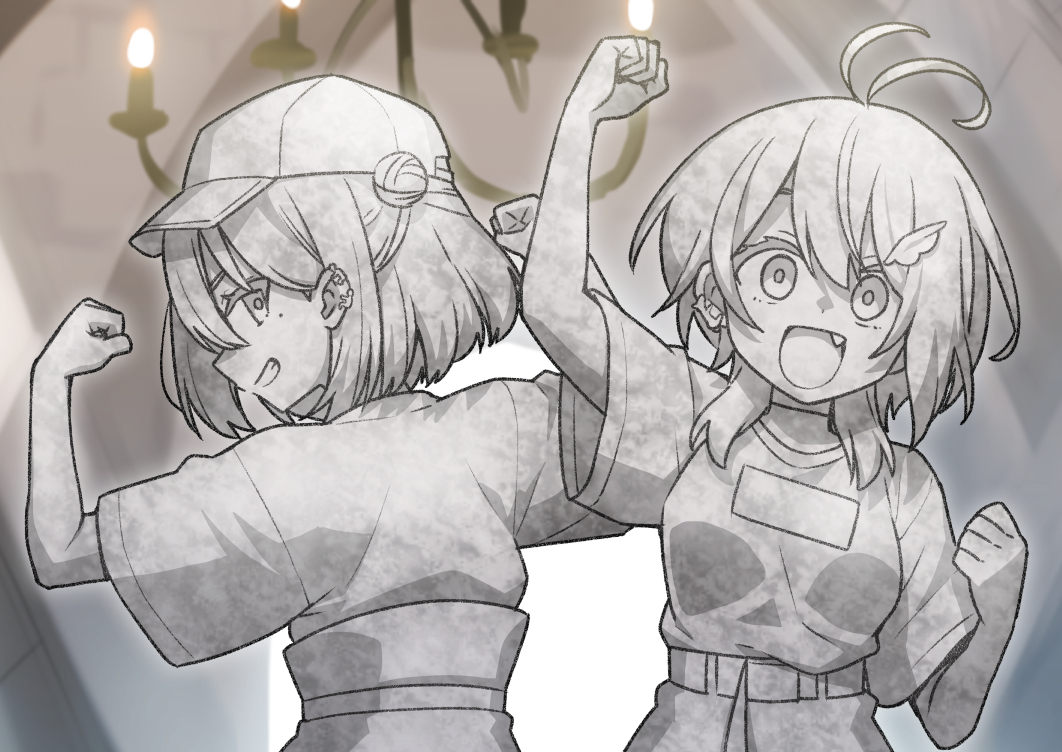 2girls, :d, ahoge, akane_canna, akane_canna_(2nd_costume), baseball_cap, chandelier, commentary_request, fang, flexing, grin, hair_ornament, hairclip, hat, heebee, looking_at_viewer, multiple_girls, nanashi_inc., open_mouth, petrification, short_hair, smile, suzumi_nemo, suzumi_nemo_(2nd_costume), virtual_youtuber