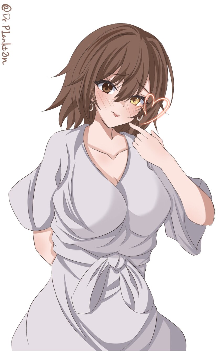 1girl, arm_behind_back, brown_hair, cowboy_shot, dated, dr.plankton, dress, furutaka_(kancolle)