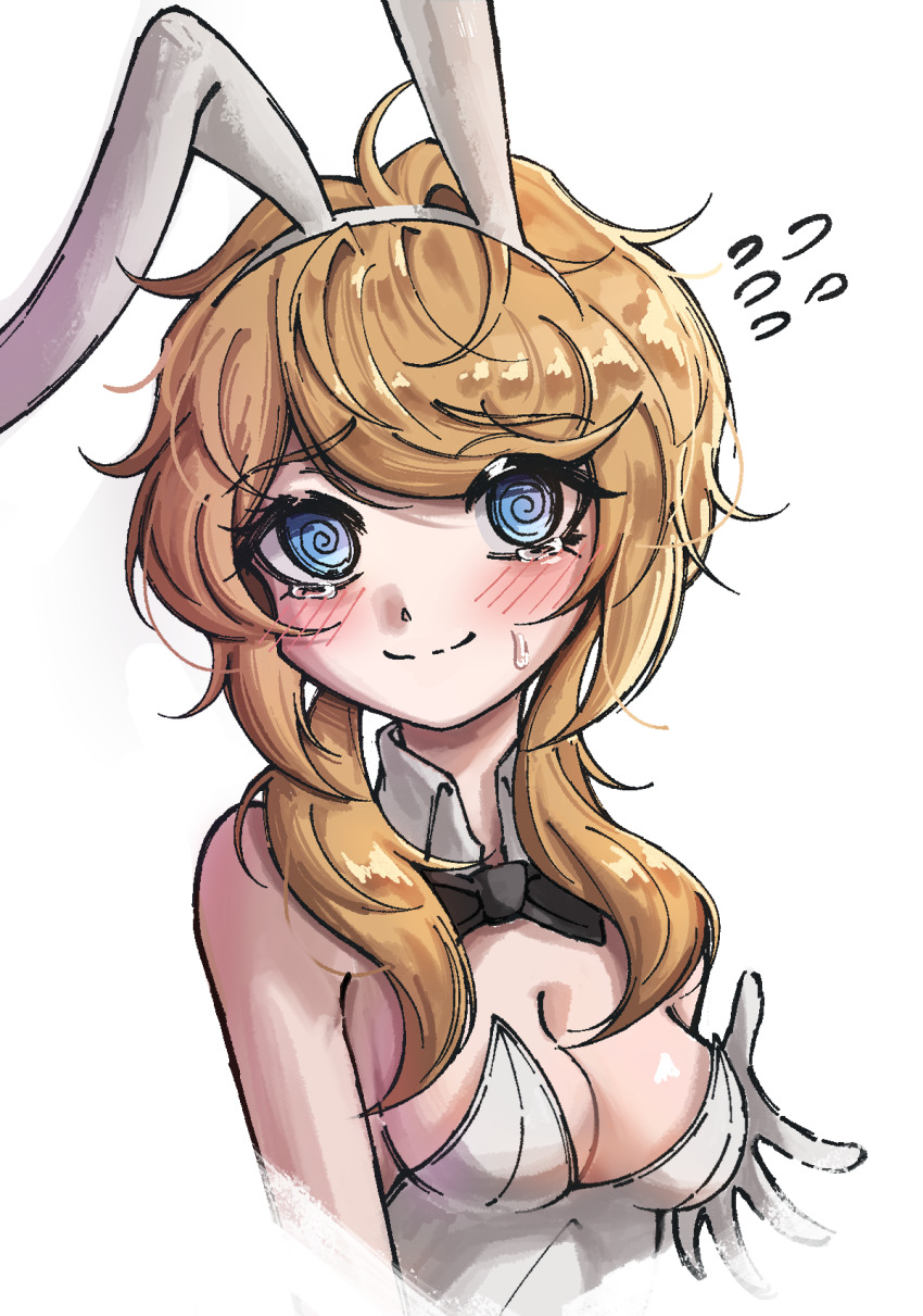 1girl, @_@, animal_ears, black_bow, black_bowtie, blonde_hair, blue_eyes, bow, bowtie, breasts, closed_mouth, danganronpa_another, danganronpa_another:_another_despair_academy, detached_collar, fake_animal_ears, flying_sweatdrops, gloves, highres, inori_kanata, leotard, looking_at_viewer, low_twintails, medium_hair, petra_(jgc845601), playboy_bunny, rabbit_ears, simple_background, small_breasts, smile, solo, strapless, strapless_leotard, twintails, upper_body, white_background, white_gloves, white_leotard