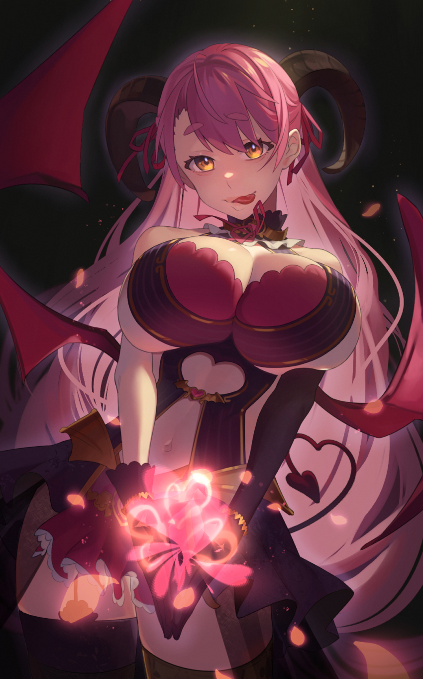 1girl, :p, aizono_manami, alternate_costume, asymmetrical_gloves, asymmetrical_legwear, black_gloves, black_thighhighs, breasts, brown_thighhighs, cleavage_cutout, clothing_cutout, contrapposto, cowboy_shot, curled_horns, demon_girl, demon_horns, demon_tail, demon_wings, elbow_gloves, gloves, glowing, hair_ribbon, heart_cutout, highres, horns, huge_breasts, long_hair, looking_at_viewer, mismatched_gloves, mismatched_legwear, mons1eurm_yanagimachi, navel_cutout, nijisanji, orange_eyes, own_hands_together, pink_hair, red_ribbon, red_wings, ribbon, short_eyebrows, sideboob, single_elbow_glove, smile, swept_bangs, tail, thick_eyebrows, thighhighs, tongue, tongue_out, v_arms, very_long_hair, virtual_youtuber, wings