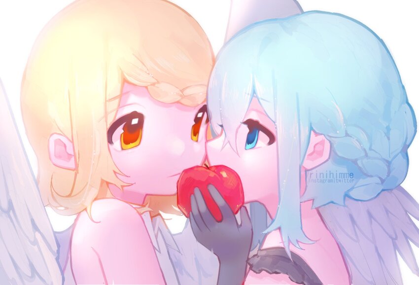 2girls, angel, angel_wings, apple, blonde_hair, blue_eyes, blue_hair, braid