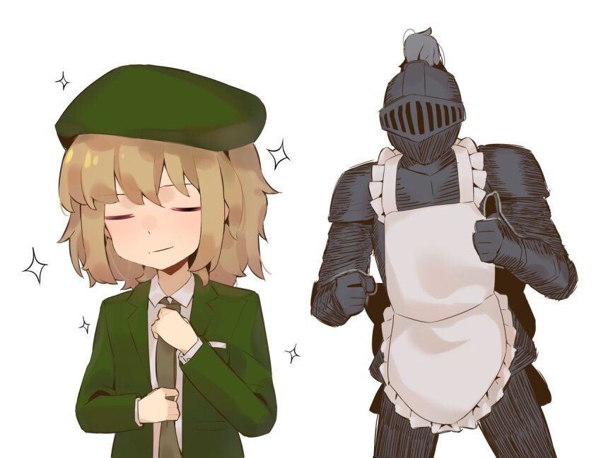 1boy, 1girl, adjusting_clothes, adjusting_necktie, alternate_costume, apron, armor, beret, black_souls, closed_eyes, closed_mouth, collared_shirt, elma_(black_souls), formal_clothes, frilled_apron, frills, green_headwear, green_necktie, green_suit, grimm_(black_souls), hat, helm, helmet, jacket, light_brown_hair, long_sleeves, necktie, open_clothes, open_jacket, shirt, short_hair, simple_background, sparkle, suit, thumbs_up, viroa, white_apron, white_background