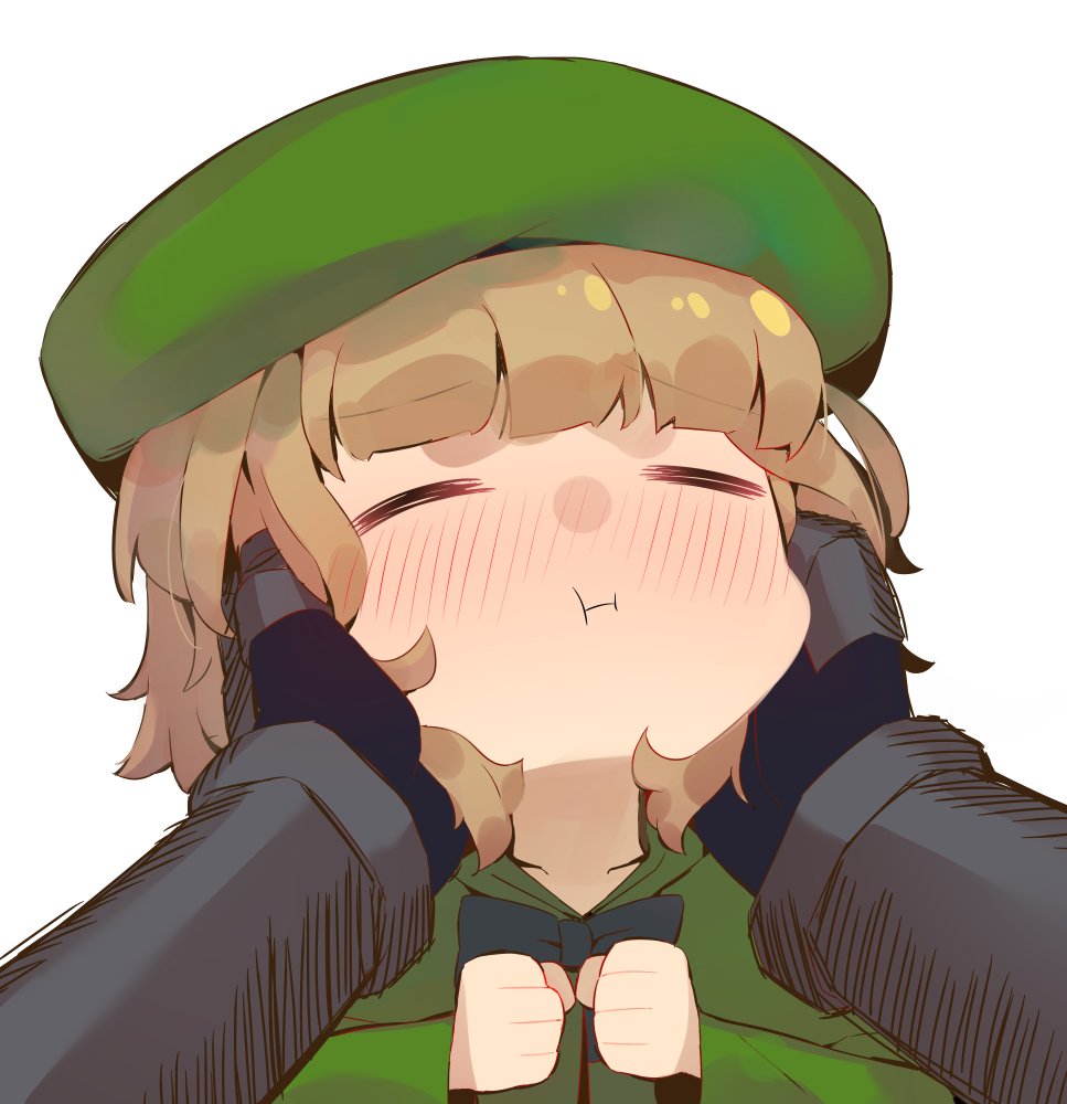 1girl, arm_guards, armor, beret, black_bow, black_bowtie, black_souls, blush, bow, bowtie, closed_eyes, closed_mouth, elma_(black_souls), green_headwear, hat, light_brown_hair, long_sleeves, out_of_frame, portrait, pov, short_hair, simple_background, solo_focus, viroa, white_background