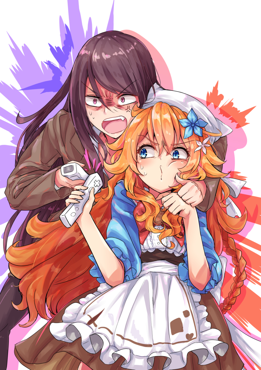 2girls, anger_vein, angry, apron, big_hair, black_pantyhose, blue_eyes, blue_flower