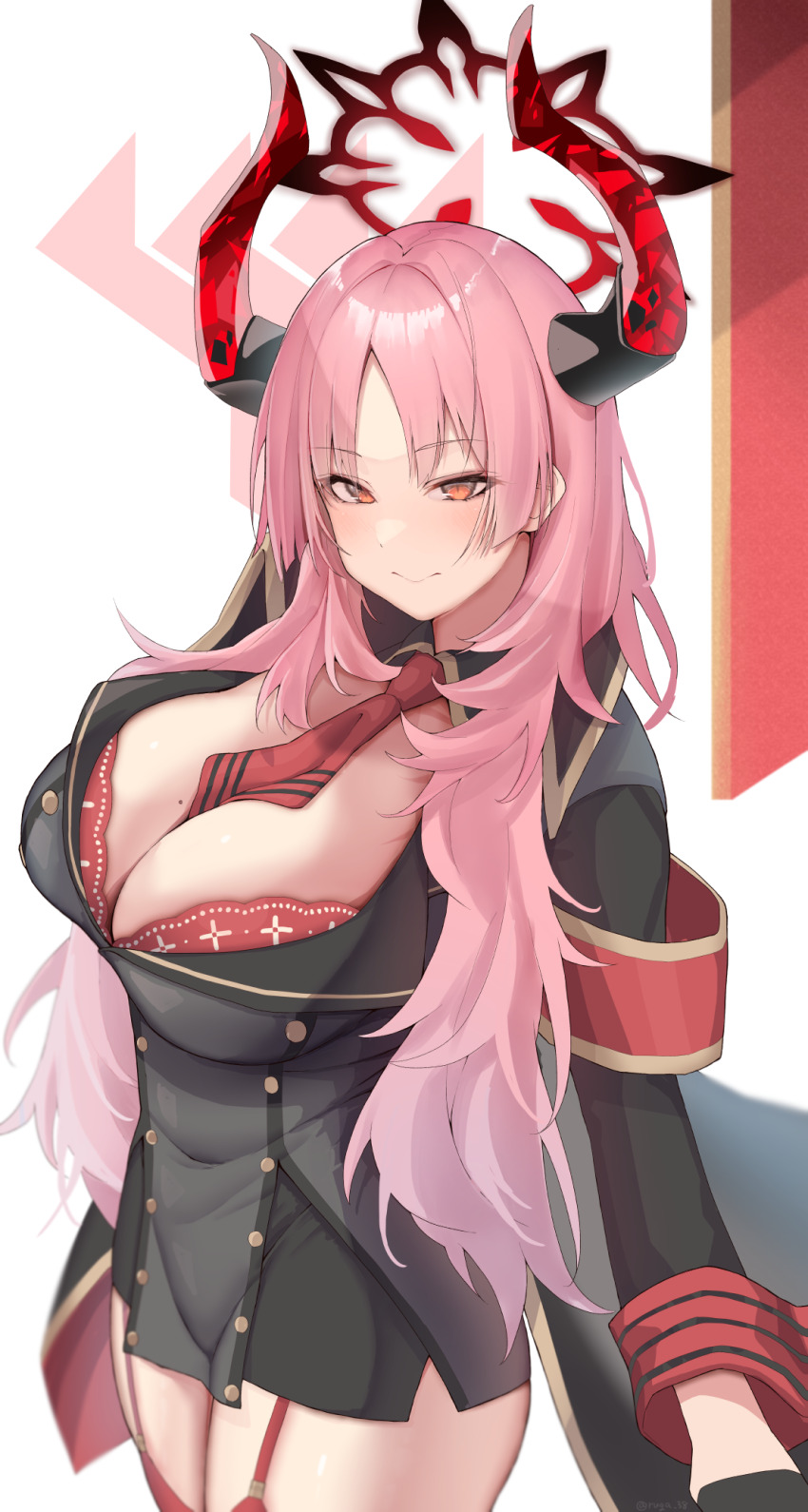 1girl, armband, between_breasts, black_gloves, black_jacket, black_skirt, blue_archive, bra