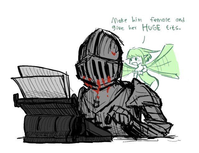 1boy, 1girl, armor, black_souls, blood, blood_on_face, english_text, fairy, green_hair, green_leotard, grimm_(black_souls), helm, helmet, jokezm, leaf_(black_souls), leotard, open_mouth, paper, pointing, simple_background, sketch, typewriter, upper_body, white_background, wings