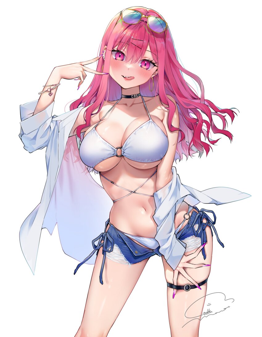 1girl, absurdres, bead_bracelet, beads, bikini, bikini_under_clothes, black_choker, blush