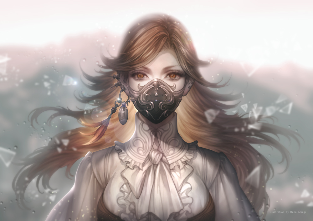 1girl, artist_name, ascot, blurry, blurry_background, brown_eyes, brown_hair, ear_piercing