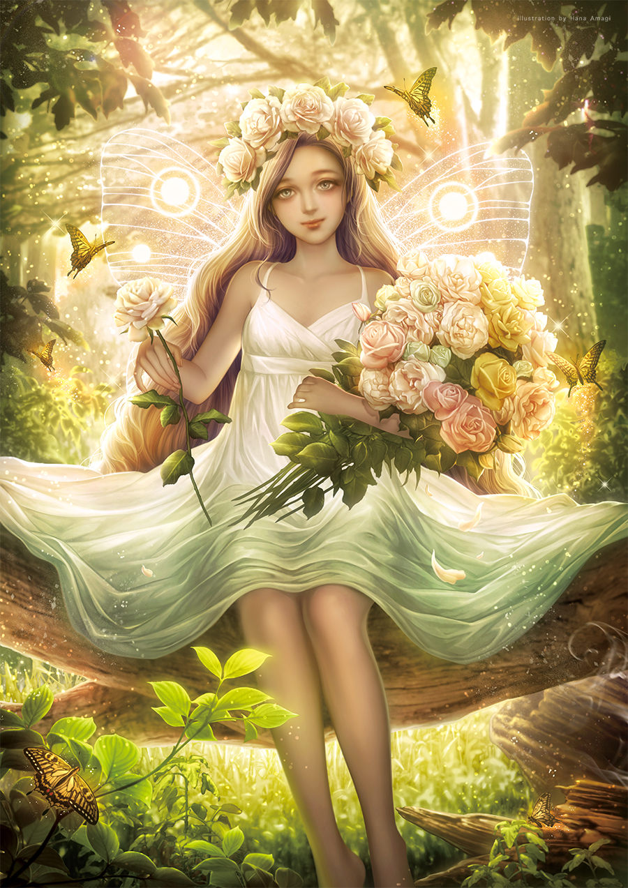 1girl, artist_name, barefoot, bouquet, breasts, brown_hair, bug, butterfly