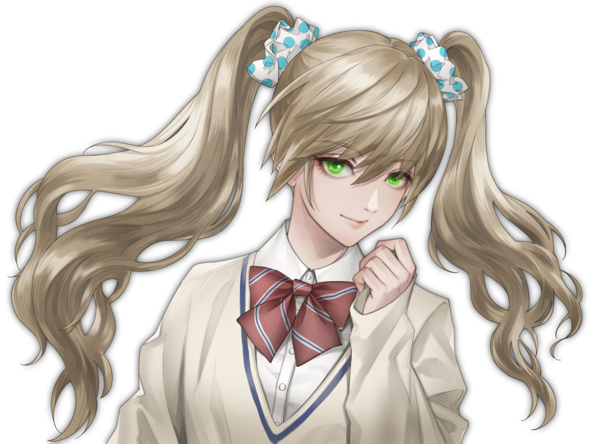 1girl, blonde_hair, bow, bowtie, green_eyes, hair_ornament, hair_scrunchie, hand_up