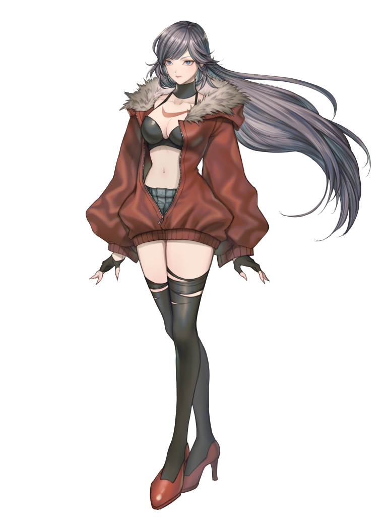 1girl, black_bra, black_gloves, black_thighhighs, blue_eyes, bra, brown_coat, chain_paradox, coat, fingerless_gloves, full_body, gloves, high_heels, long_hair, long_sleeves, navel, open_clothes, open_coat, solo, stf_amagihana, thighhighs, transparent_background, underwear, uryuu_kou