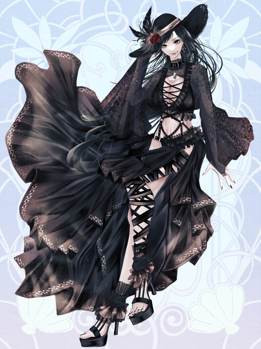 1girl, bad_proportions, belt_collar, black_hat, black_nails, blue_background, breasts, chain_paradox, choker, cleavage, collar, flower, frills, full_body, hand_up, hat, hat_flower, high_heels, highres, jewelry, large_breasts, long_neck, long_sleeves, necklace, o-ring, see-through_clothes, see-through_sleeves, smile, solo, uryuu_kou, xkfnz