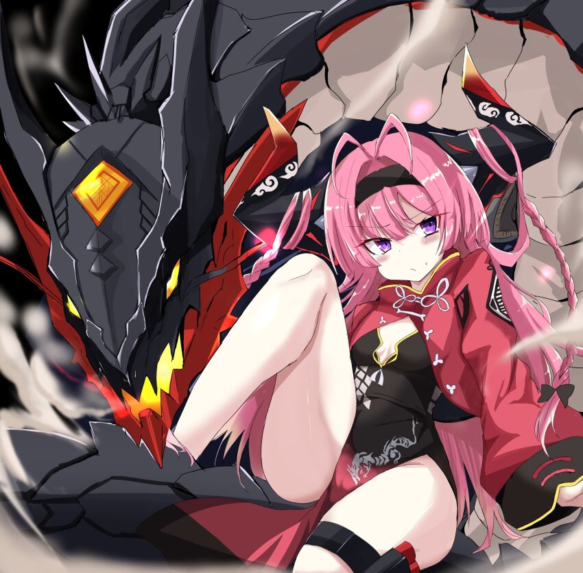 1girl, absurdres, antenna_hair, azur_lane, black_hairband, black_ribbon, blush, braid, breasts, china_dress, chinese_clothes, dragon, dress, fireworks, hair_between_eyes, hair_intakes, hair_ribbon, hairband, highres, holster, horns, jacket, knees_up, large_horns, long_hair, long_sleeves, looking_at_viewer, mechanical_horns, mikazuki_toto, non-humanoid_robot, official_alternate_costume, pelvic_curtain, prinz_rupprecht_(azur_lane), prinz_rupprecht_(the_gate_dragon_advent)_(azur_lane), purple_eyes, red_jacket, ribbon, robot, robot_dragon, sitting, small_breasts, solo, sweatdrop, thigh_holster, thigh_strap