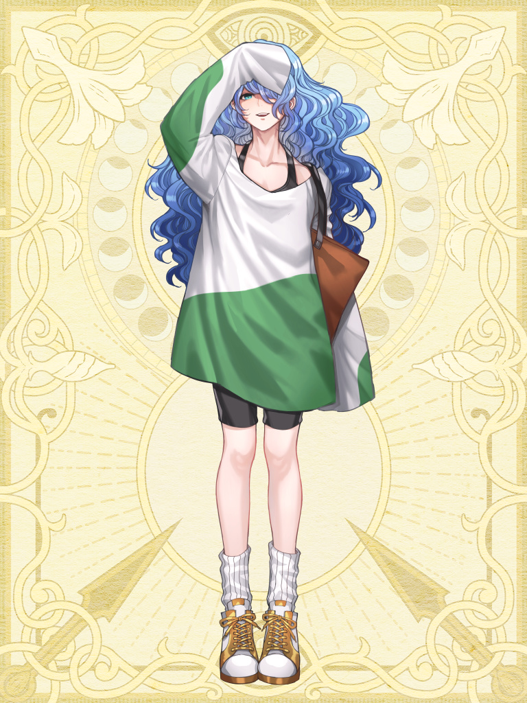 1girl, arm_at_side, arm_up, bag, bike_shorts, black_footwear, blue_eyes, blue_hair