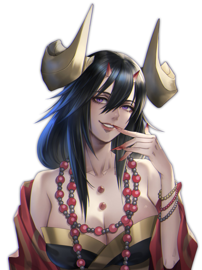 1girl, bare_shoulders, black_hair, bracelet, breasts, cleavage, curled_horns, highres