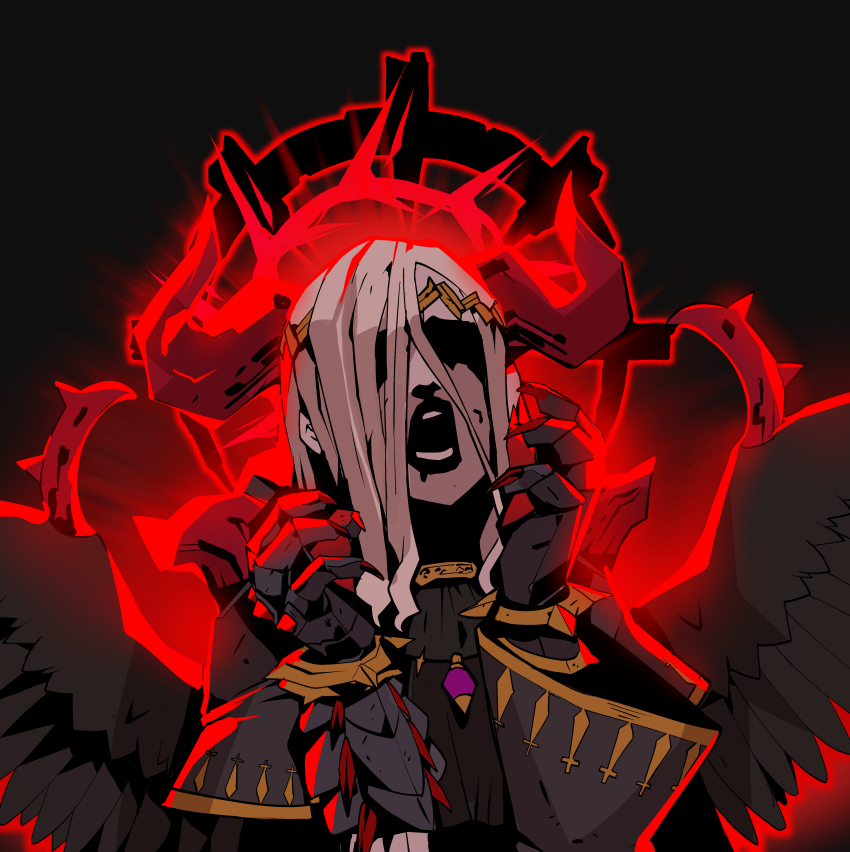 1girl, absurdres, black_wings, condemned_darklord, darkest_dungeon, dress, duel_monster, feathered_wings, gauntlets, grey_hair, hair_over_one_eye, halo, hands_up, highres, long_sleeves, open_mouth, parody, red_halo, ro_g_(oowack), shaded_face, solo, style_parody, wide_sleeves, wings, yu-gi-oh!