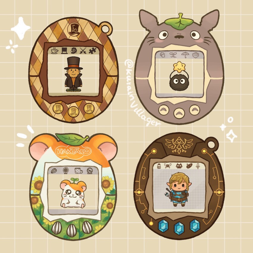 3boys, animal, blonde_hair, blue_eyes, blush, brown_jacket, flower, gem, hamster, hamtaro, hamtaro_(series), hat, hershel_layton, highres, jacket, kurain_villager, leaf, link, multiple_boys, nintendo, open_clothes, open_jacket, pointy_ears, professor_layton, seed, smile, star_(symbol), studio_ghibli, sunflower, susuwatari, tamagotchi, tamagotchi_(virtual_pet), the_legend_of_zelda, the_legend_of_zelda:_tears_of_the_kingdom, tonari_no_totoro, top_hat, totoro, virtual_pet_(toy)