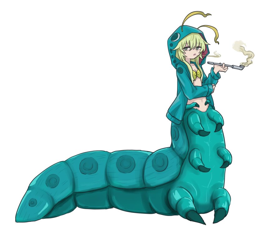 1girl, aqua_jacket, arthropod_girl, black_souls, black_souls_2, caterpillar_girl, full_body, green_eyes