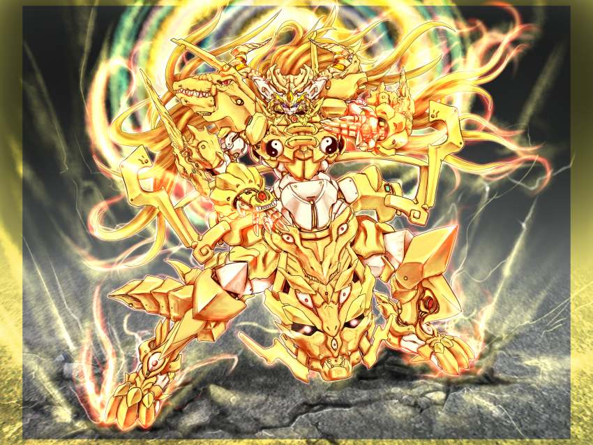 androgynous, apotheosized_ialdabaoth, banpresto, dragon, ex-meiling, fighting_stance, full_body, fusion, g_gundam, gender_request, god_gundam, gundam, highres, hong_meiling, ialdabaoth, ledjoker07, long_hair, mecha, mechanization, red_hair, robot, solo, super_robot_wars, super_robot_wars_original_generation, super_robot_wars_original_generation_gaiden, touhou, yin_yang