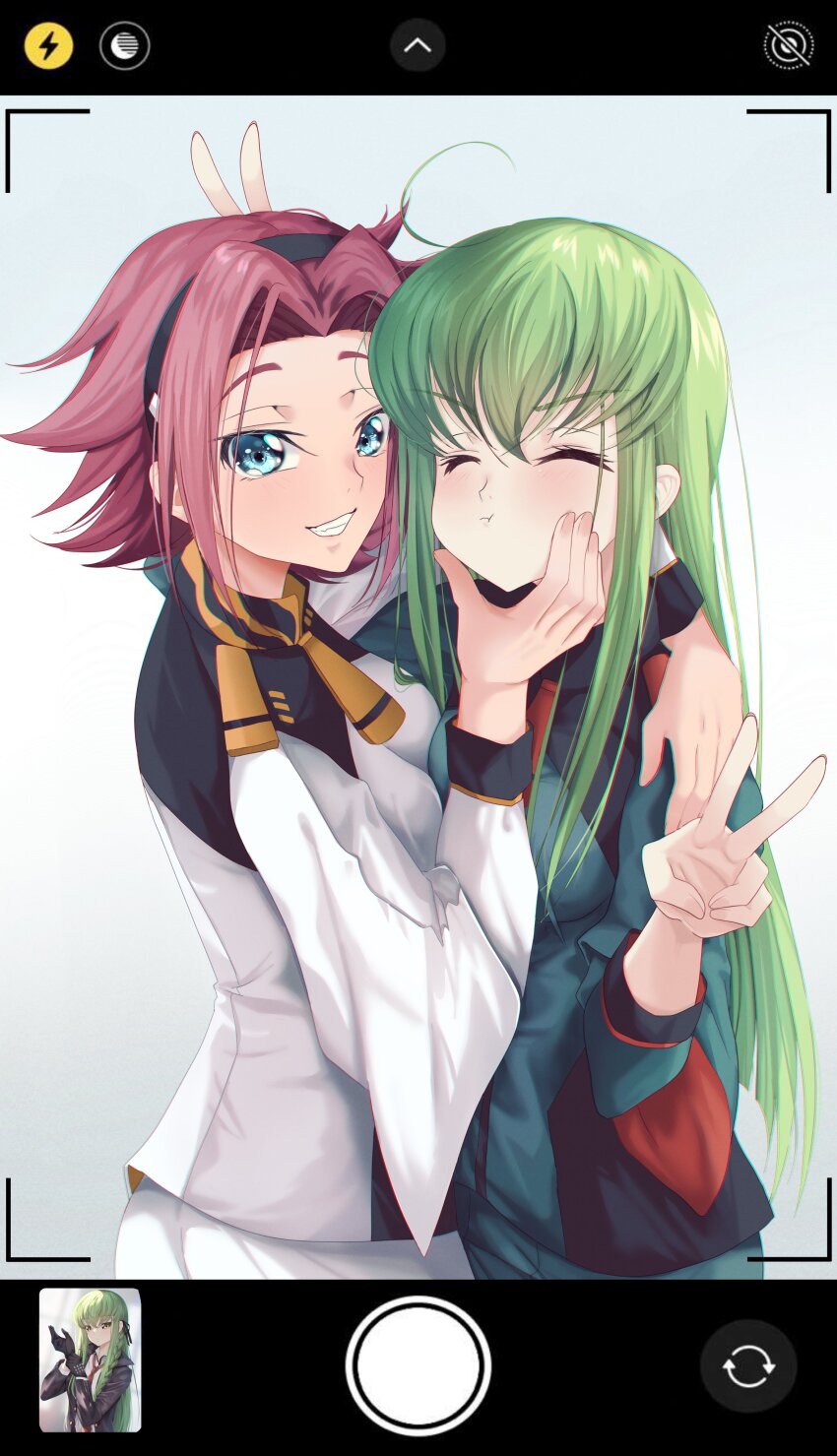 2girls, :t, absurdres, aqua_eyes, black_hairband, budgiepon, c.c., closed_eyes, closed_mouth, code_geass, commentary, cosplay, cowboy_shot, eyelashes, facing_viewer, green_hair, grin, gundam, gundam_suisei_no_majo, hair_between_eyes, hairband, hand_up, highres, kouzuki_kallen, long_hair, long_sleeves, looking_at_viewer, medium_hair, miorine_rembran, miorine_rembran_(cosplay), multiple_girls, necktie, nose, parted_bangs, purple_hair, red_necktie, short_necktie, sidelocks, simple_background, smile, standing, straight_hair, suletta_mercury, suletta_mercury_(cosplay), v, v-shaped_eyebrows, v_over_head, very_long_hair, viewfinder, white_background, wide_sleeves, yellow_necktie