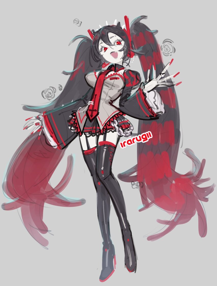 1girl, black_boots, black_hair, black_skirt, boots, breasts, fingernails, frilled_sleeves