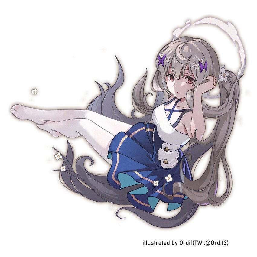 1girl, artist_name, blue_skirt, breasts, cleavage, collar, cosplay, enna_alouette, enna_alouette_(1st_costume), enna_alouette_(cosplay), flower, grey_hair, hair_flower, hair_ornament, hand_on_own_head, high-waist_skirt, light_frown, long_hair, looking_at_viewer, low_twintails, making-of_available, nijisanji, nijisanji_en, ordif, pantyhose, purple_eyes, reimu_endou, simple_background, sitting, skirt, small_breasts, solo, twintails, twitter_username, very_long_hair, virtual_youtuber, white_background, white_flower, white_pantyhose