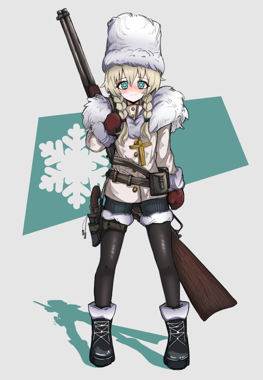 1girl, absurdres, black_boots, black_souls, black_souls_2, blonde_hair, blush, boots, braid, closed_mouth, coat, cross, fur-trimmed_coat, fur_trim, gerda_(black_souls), gorlatnaya, gun, gun_on_back, highres, holster, holstered, koshou_shou_mitsu, looking_at_viewer, military_uniform, mittens, pantyhose, pouch, red_mittens, short_shorts, shorts, simple_background, snowflake_pupils, solo, thigh_holster, twin_braids, weapon, weapon_on_back, white_headwear