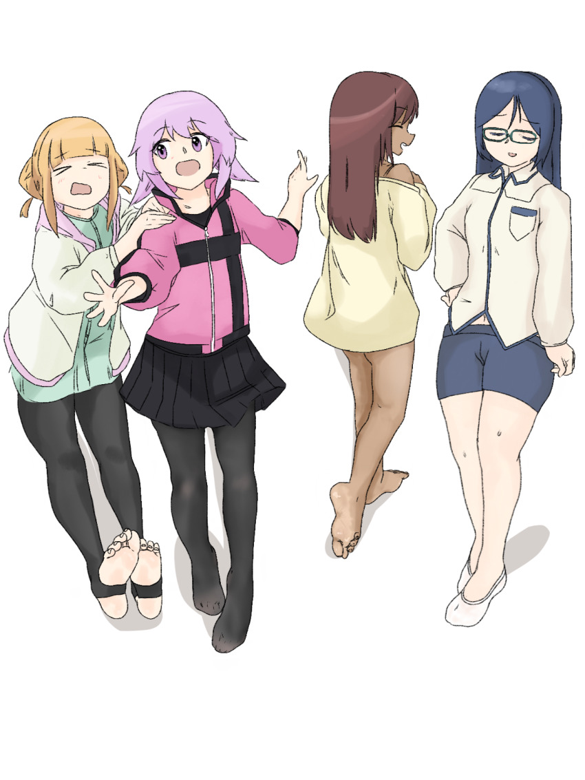 4girls, alice_gear_aegis, barefoot, bike_shorts, black_pantyhose, blonde_hair, brown_hair, closed_eyes