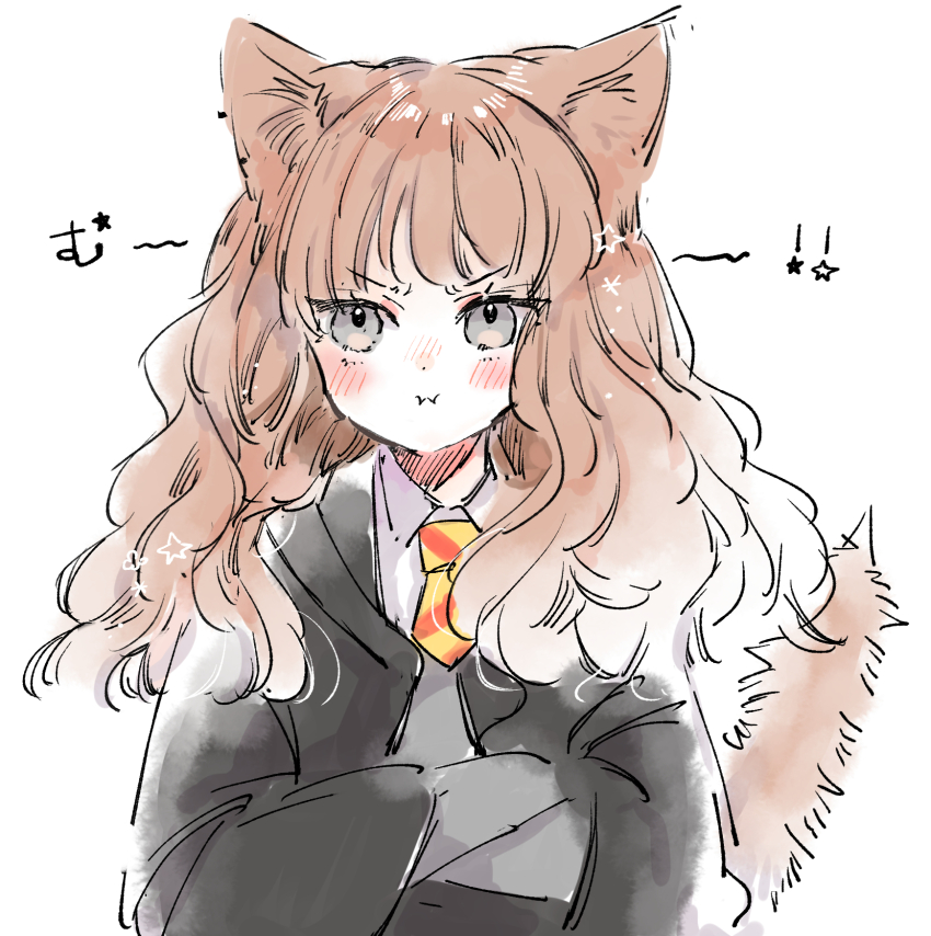1girl, :i, animal_ear_fluff, animal_ears, black_robe, blush, brown_hair, cat_ears, cat_girl, cat_tail, closed_mouth, collared_shirt, commentary_request, crossed_arms, diagonal_stripes, grey_eyes, harry_potter_(series), hermione_granger, highres, hood, hood_down, hooded_robe, kemonomimi_mode, long_hair, looking_at_viewer, mito_(go!go!king!), nose_blush, pout, robe, shirt, simple_background, solo, striped, sweater_vest, tail, translation_request, upper_body, v-shaped_eyebrows, white_background, white_shirt, wizarding_world